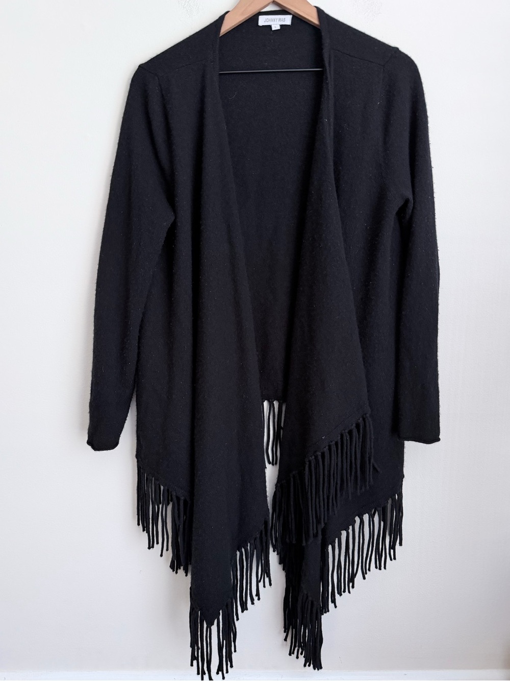 Johnny Was Abby Fringed Drape 100% Cashmere Black Open Front Cardigan L